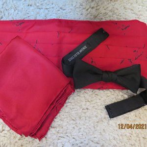 SILK Saks Fifth Avenue Red Black Cummerbund Bow Tie Pocket Square Tuxedo Wedding